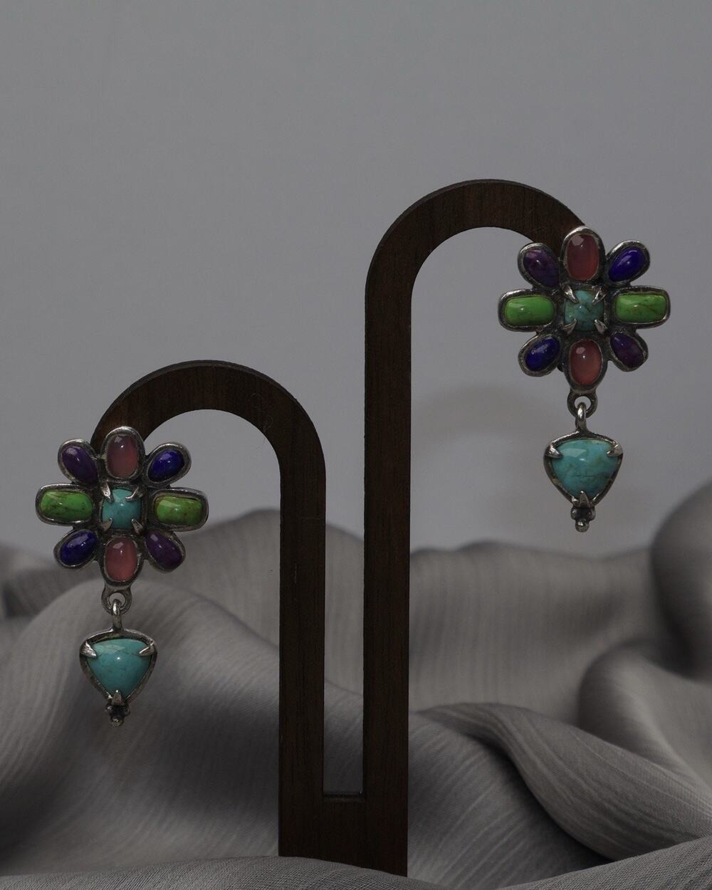 Vintage Barse Sterling Multicolor Stones Flower Clip On Earrings 13.8G/1.5in